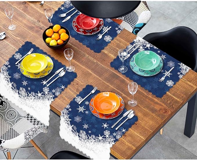 Yibeas Merry Christmas Snowflake Cloth Napkins Set of 4 Soft Winter Blue Frosty Snow Christmas Polyester Dinner Square Napkin for Family Restaurant Weddings Parties 18 x 18 inch