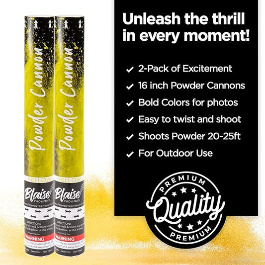 Blaise Pyro & Party - Yellow Powder Poppers - Water-Soluble & Colorful Powder Cannons for Gender Reveals, Birthdays, Weddings & Celebrations - Easy to Use for Memorable Photos - 16-Inch, 2-Pack