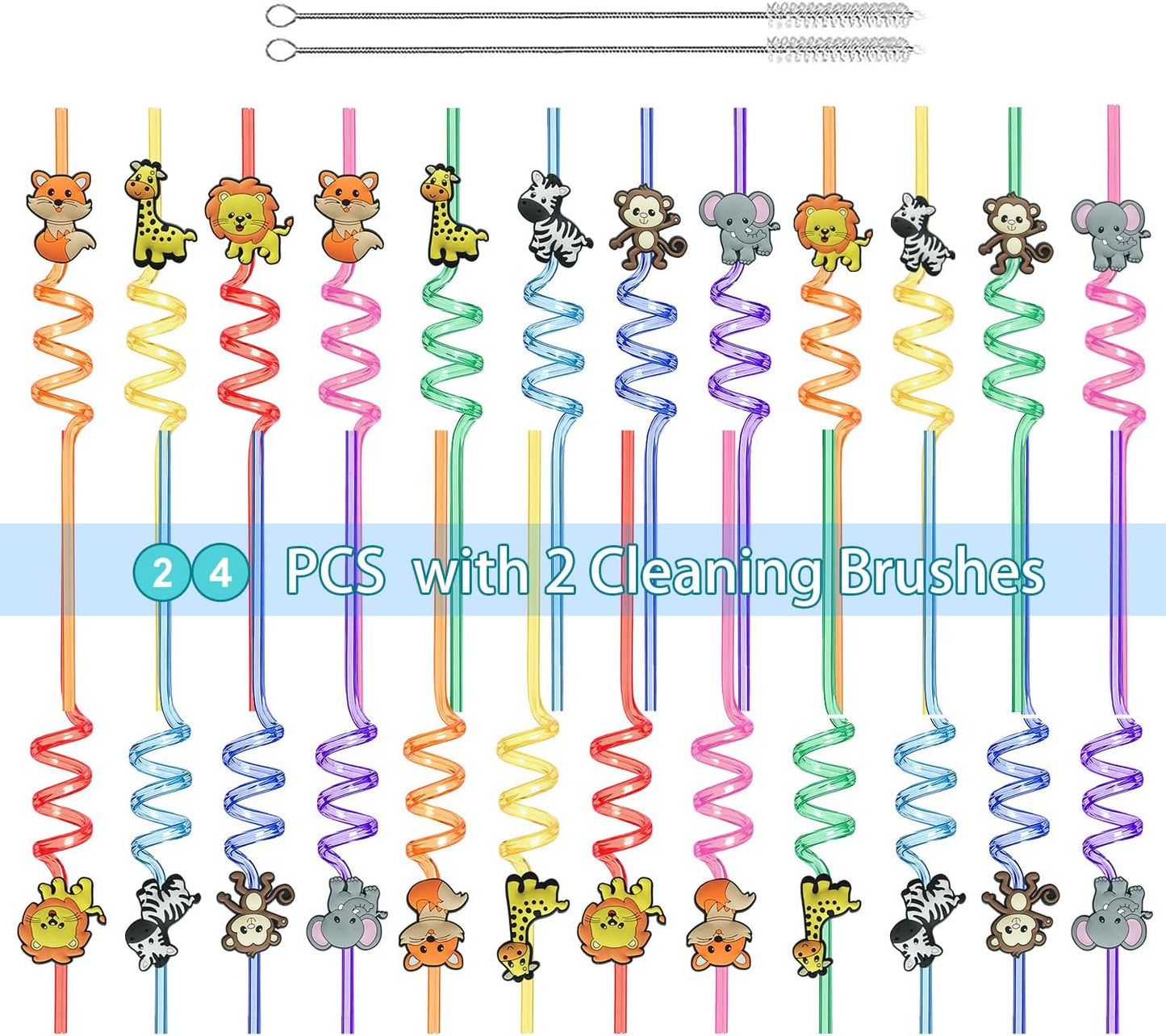 24 PCS Reusable Safari Straws Party Favors, Plastic Jungle Animal Swirly Drinking Straws for Kids Woodland Party Decorations Supplies Lion Fox Zebra Giraffe with Clean Brushes