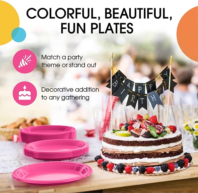 Party Solids Hot Pink Plastic Plates For Party Supplies, Hot Pink Disposable Plates 100 Pieces - 50-7" & 50-9" Heavy Duty 350 GSM Disposable Dinnerware Sets, Plastic Dinnerware Sets