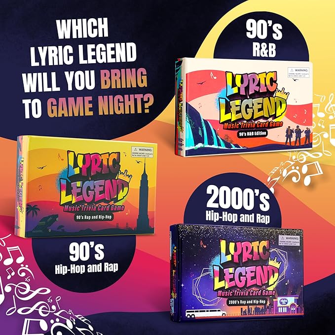 Lyric Legend 90s Hip-Hop and Rap Music Trivia Game Collection – Expandable Multi-Deck Finish The Lyrics Party Game Set for Game Night, Families & Groups - 3 Games in One Box!