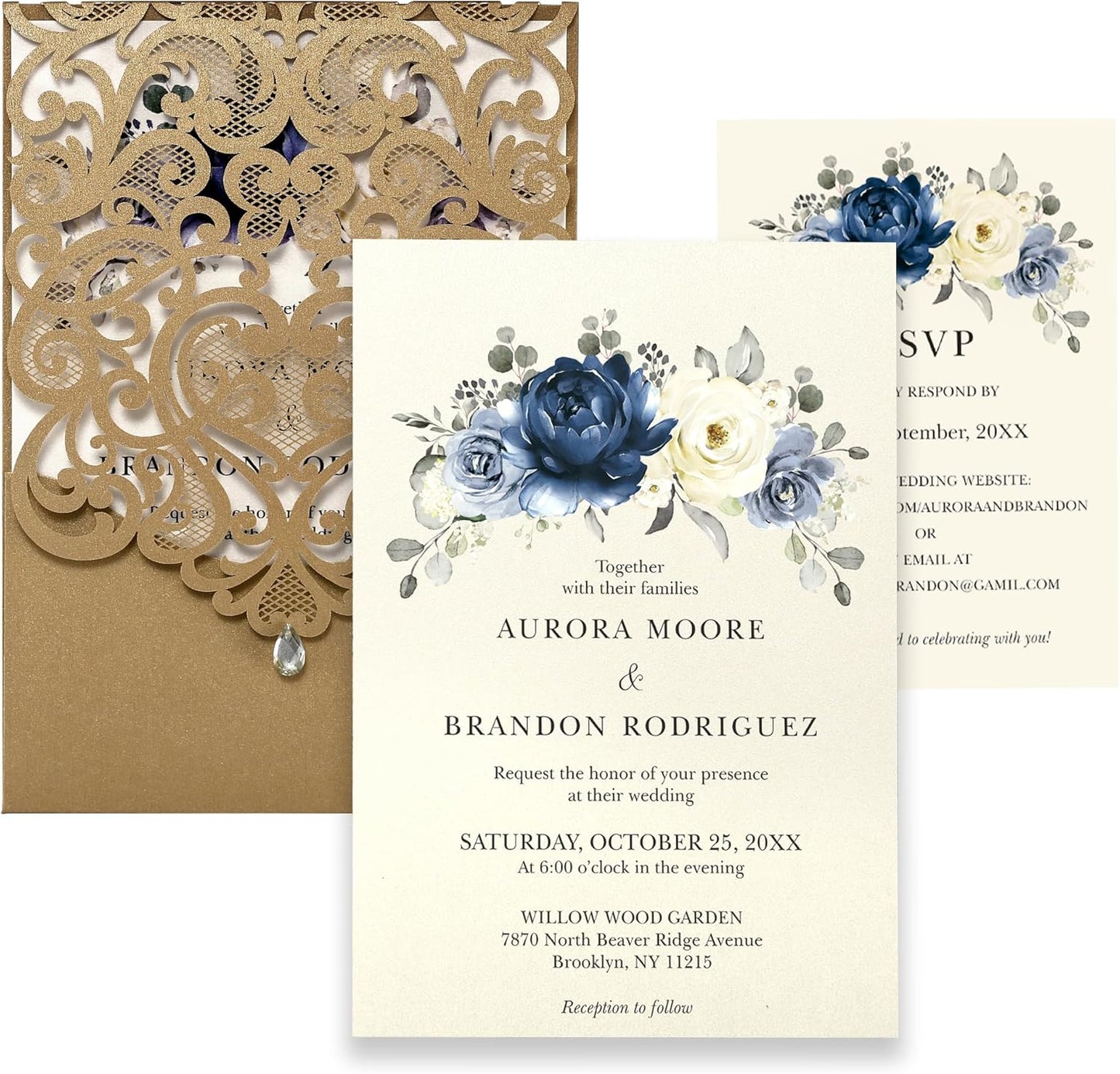 50pcs Laser Cut Wedding Invitations with Envelopes and RSVP Cards Blue and Gold, 5x7.3 Personalized Invitation Cards for Wedding, Anniversary Invitations with Rhinestone