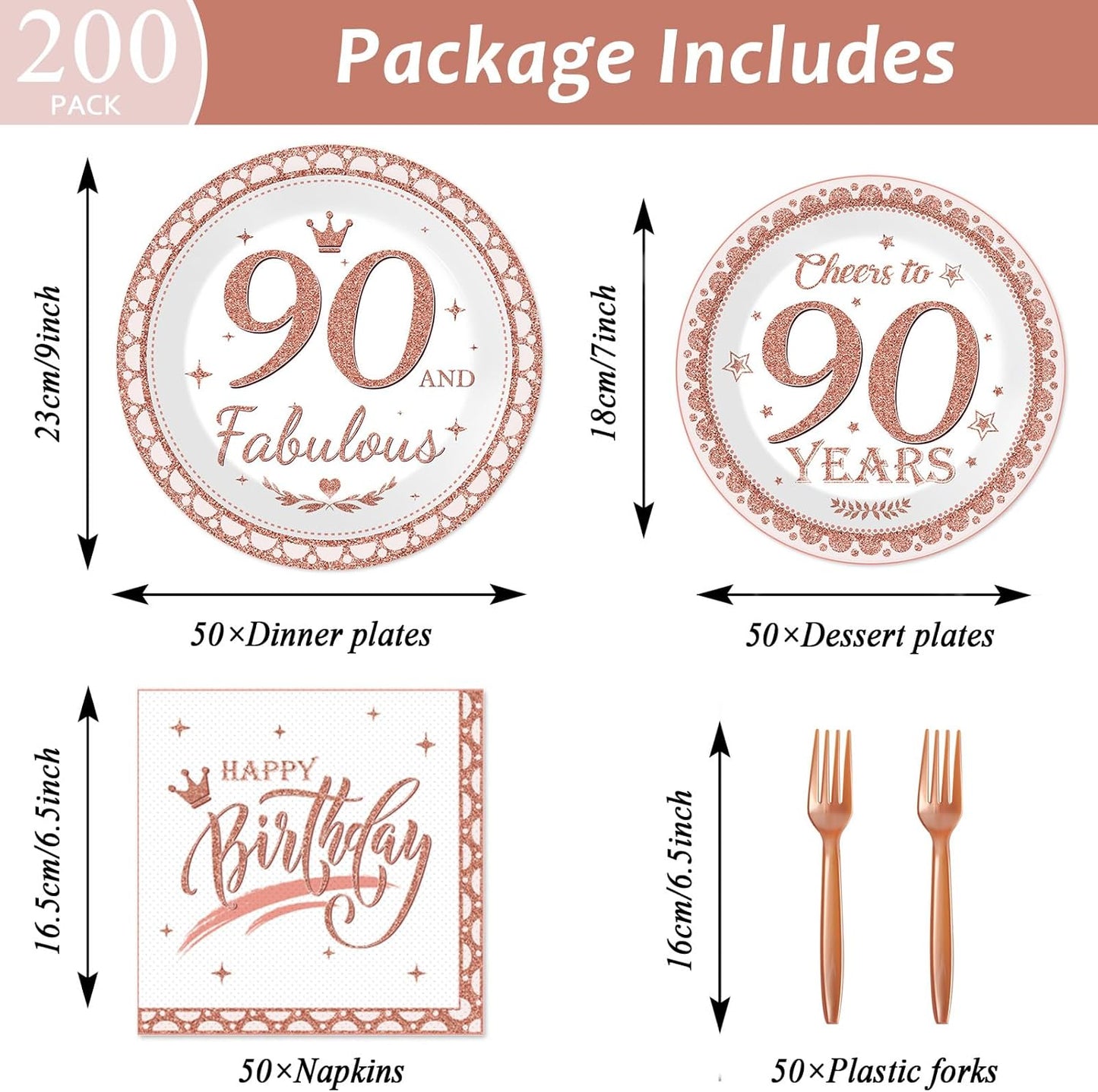 50 Guests 90th Birthday Rose Gold Party Supplies 90 Fabulous Plates Napkins Rose Gold Women Birthday Party Decorations Disposable Paper Tableware Set Cheers to 90 Years Table Decors Dinnerware 200PCS
