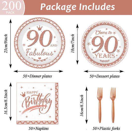 50 Guests 90th Birthday Rose Gold Party Supplies 90 Fabulous Plates Napkins Rose Gold Women Birthday Party Decorations Disposable Paper Tableware Set Cheers to 90 Years Table Decors Dinnerware 200PCS