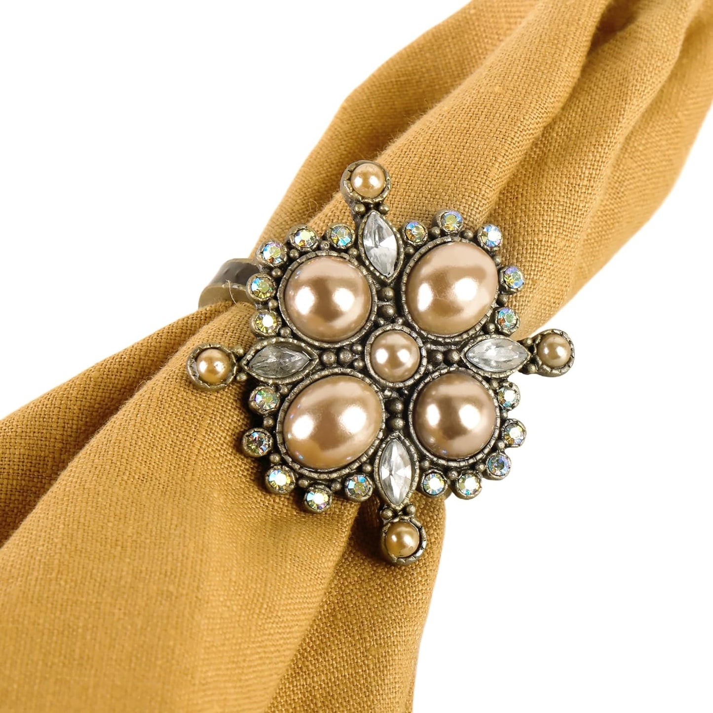 Vintage Pearl Napkin Ring Set of 4 for Dining Wedding Anniversary Birthday Christmas Party Crystal Rhinestone Serviette Holders for Table Settings, Antique Bronze