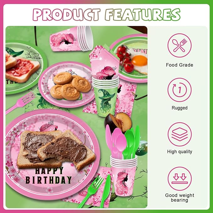 Pink and Green Birthday Party Decorations 207pcs Disposable Paper Plates & Napkins Set for 24 Guests - Includes Happy Birthday Banner & Cartoon Tablecloth