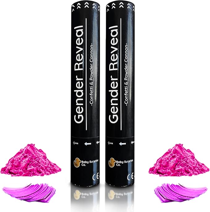 Gender Reveal Confetti 2 Pink Cannon - Powder Smoke with 100% Non-Toxic, Food-Grade Corn Starch - Air Compressed Party Popper - Big and Bright Explosion for Photo Effects (Pink)