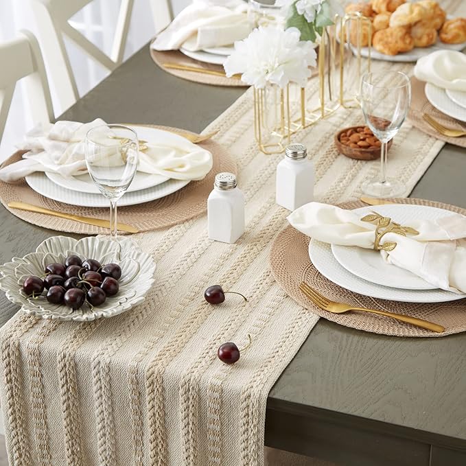 DII Farmhouse Braided Stripe Table Runner Collection, 15x108 (15x113, Fringe Included), Vintage Linen