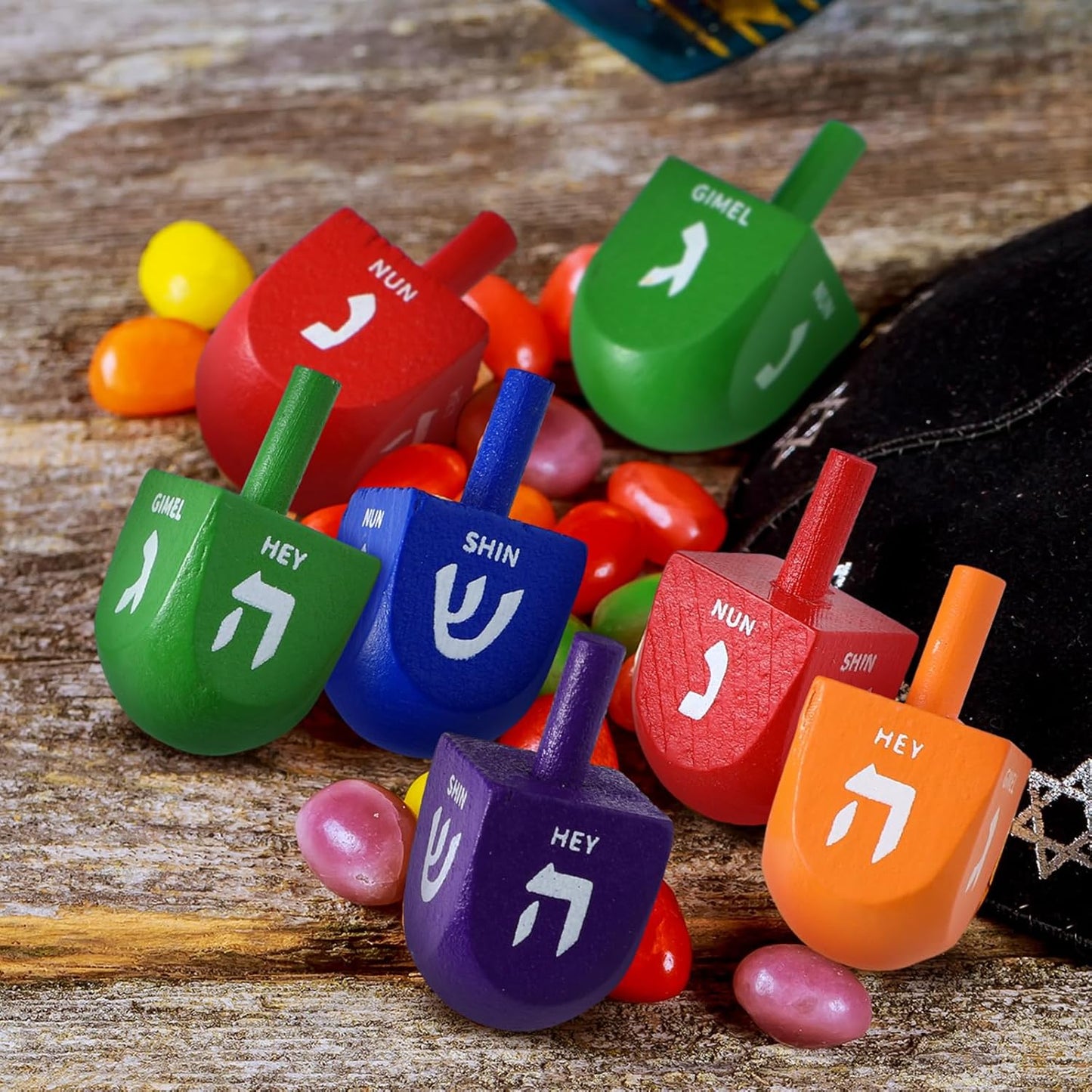 Wettarn 100 Pieces Hanukkah Dreidels Bulk Wooden Hanukkah Dreidels with Game Instruction Cards for Party Game (Size 1,Rainbow Style)