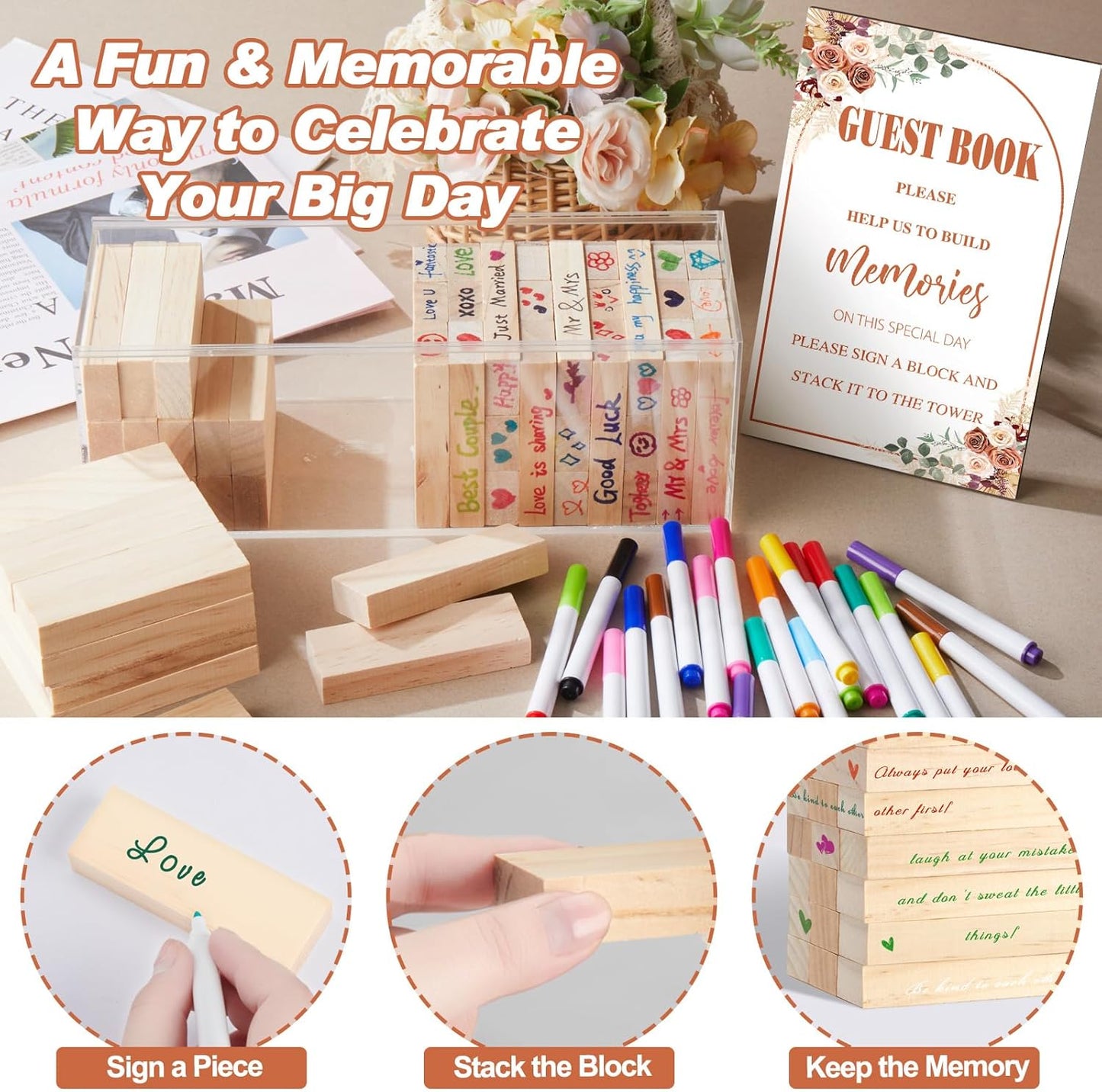 80 Pcs Wedding Guest Book Alternative Wooden Block Guest Book for Wedding Sign in Bridal Shower Decoration Wooden Block Bridal Shower Game for Sign in, Reception(Rustic)