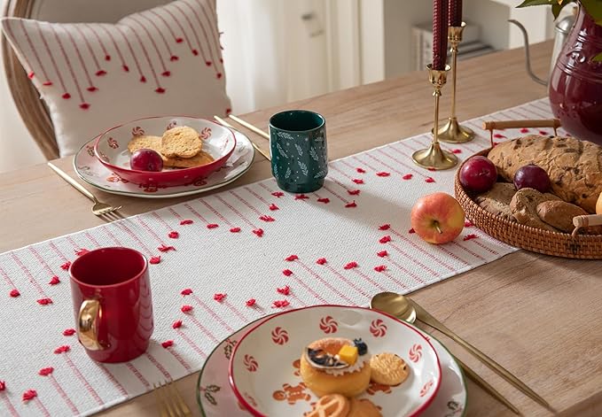 Christmas Table Runner 13 x 90 Inch Long Natural Cotton Woven Runner with Tassels for Home Dining Christmas Decorations, for Modern Farmhouse Holiday Boho Table Runner, Red and Beige