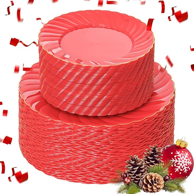 U-QE 100PCS Red Plastic Plates - Heavy Duty Red Plates Disposable for Party with Gold Rim - Include 50PCS 9inch Dinner Plates and 50PCS 6inch Dessert/Salad Plates for Party
