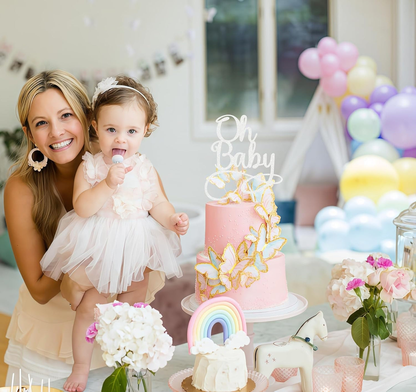 Oh Baby Cake Topper - Silver Glitter Baby Birthday Party Cake Decoration Supplies, for Baby Shower/Gender Reveal Party Photo Booth Props