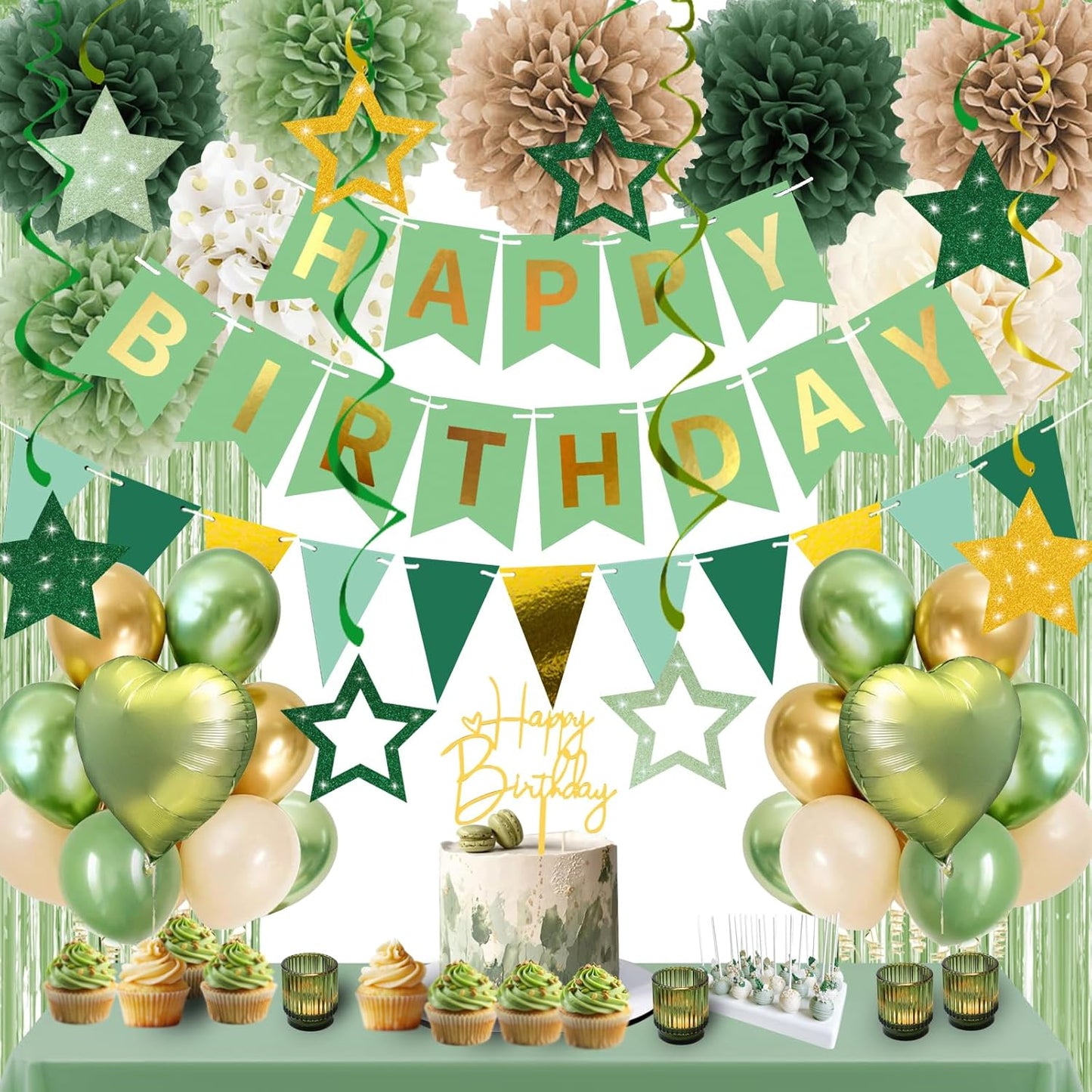 Happy Birthday Decorations for Women and Girls Sage Green Retro Rustic Neutral Boho Party Supplies - Banner, Fringe Curtains, Pom Poms, Hanging Swirls, Balloons, Cake Toppers