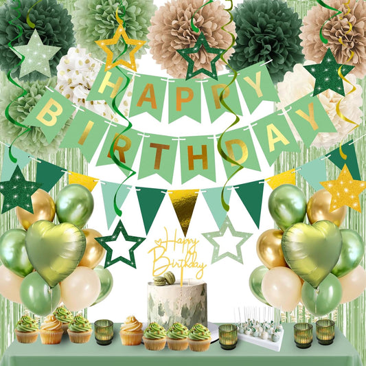 Happy Birthday Decorations for Women and Girls Sage Green Retro Rustic Neutral Boho Party Supplies - Banner, Fringe Curtains, Pom Poms, Hanging Swirls, Balloons, Cake Toppers