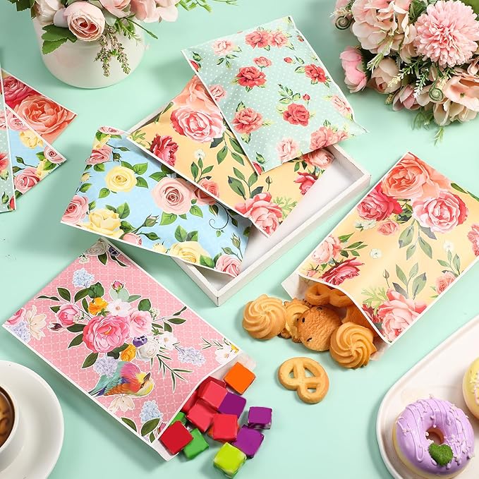 Tinlade 100 Pcs Tea Party Gift Bags 5 x 7 Inch Spring Party Treat Pouch Floral Paper Favor Bag Self-adhesive Floral Candy Pouches for Tea Wedding Bridal Shower Birthday Mother's Day Supply (Flower)