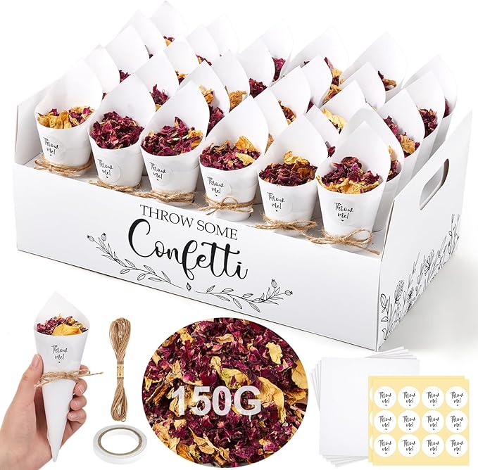 1 Sets Wedding Confetti Cones with 150g (5.29 Oz) Biodegradable Dried Flowers White Petal Confetti - 30 Paper Cones, Tray & Stickers for Wedding, Bridal Shower, Engagement Party, Baby Shower