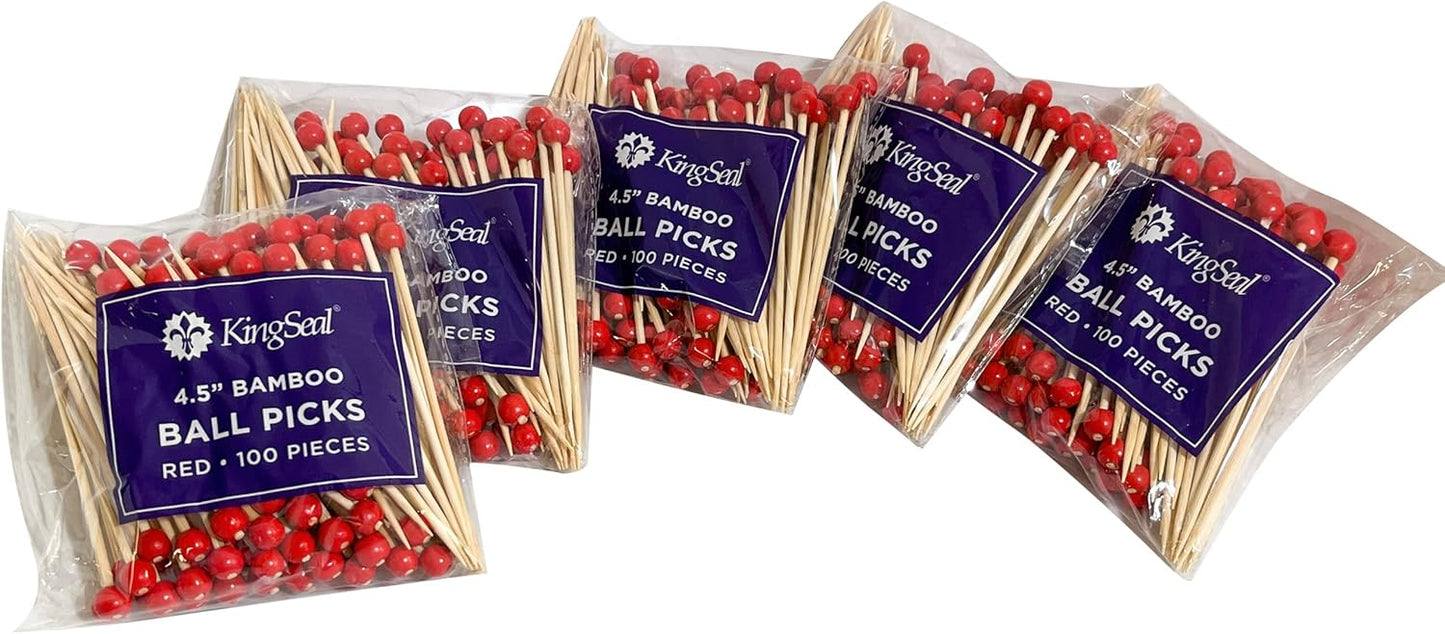 500 Count | KingSeal Bamboo Specialty Cocktail Party Picks, 4.5 Inches, Red Ball Head, Perfect for Appetizers and Cocktails, Bulk Pack - 5 Packs of 100
