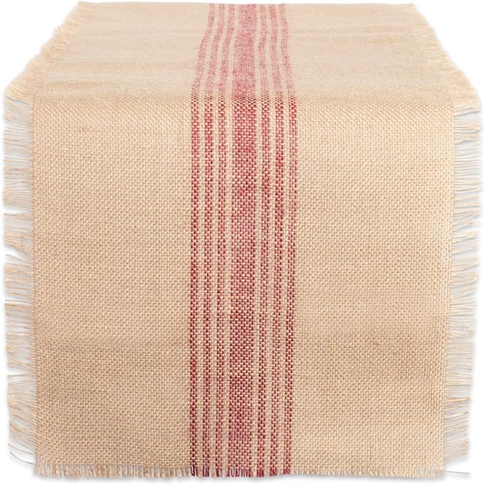 DII Jute Burlap Collection Kitchen Tabletop, Table Runner, 14x72, Middle Stripe Barn Red