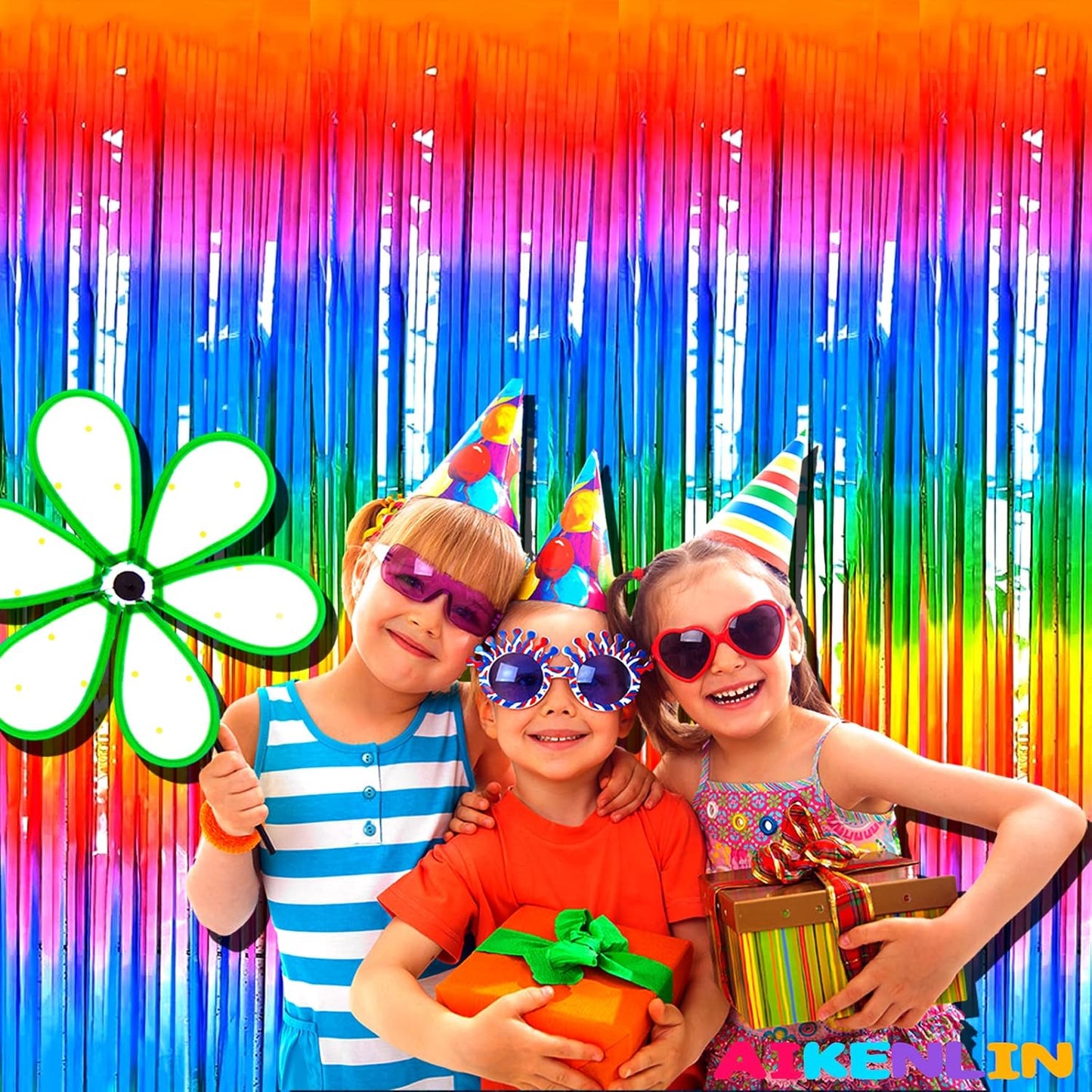 4 Pack 3.3Ft x 6.6Ft Rainbow Foil Fringe Curtain Backdrop, Colorful Metallic Tinsel Foil Fringe Streamers Curtains Background for Photo Booth, Birthday, Wedding, Halloween, Christmas Party Decoration