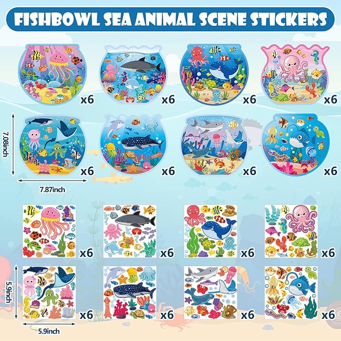 Frienda 48 Set Summer Craft Kit Fishbowl Under The Sea Sticker Crafts Bulk DIY Ocean Sea Animals Scene Stickers Shark Clown Fish Dolphin Decals for Summer Party Favors Home Classroom Game Activities