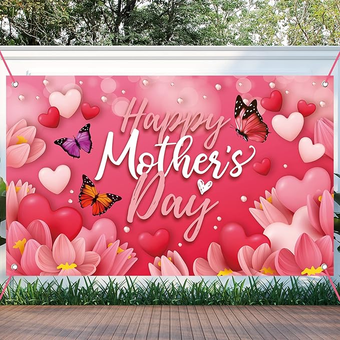 Large Happy Mother's Day Banner Decorations Mothers Day Flag Outdoor 71x44 Inch,Mom Gifts for Indoor Home House Decor Party Supplies,Yard Sign Background for Photography, Red Pink Heart Flowers