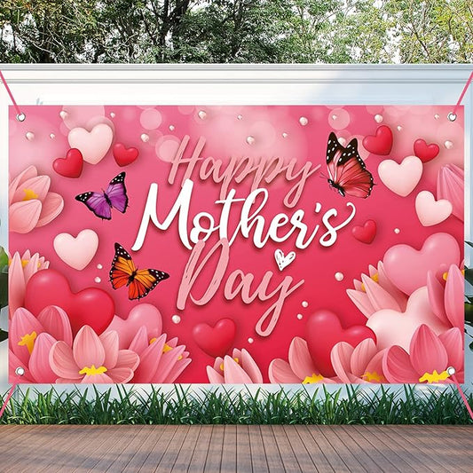 Large Happy Mother's Day Banner Decorations Mothers Day Flag Outdoor 71x44 Inch,Mom Gifts for Indoor Home House Decor Party Supplies,Yard Sign Background for Photography, Red Pink Heart Flowers