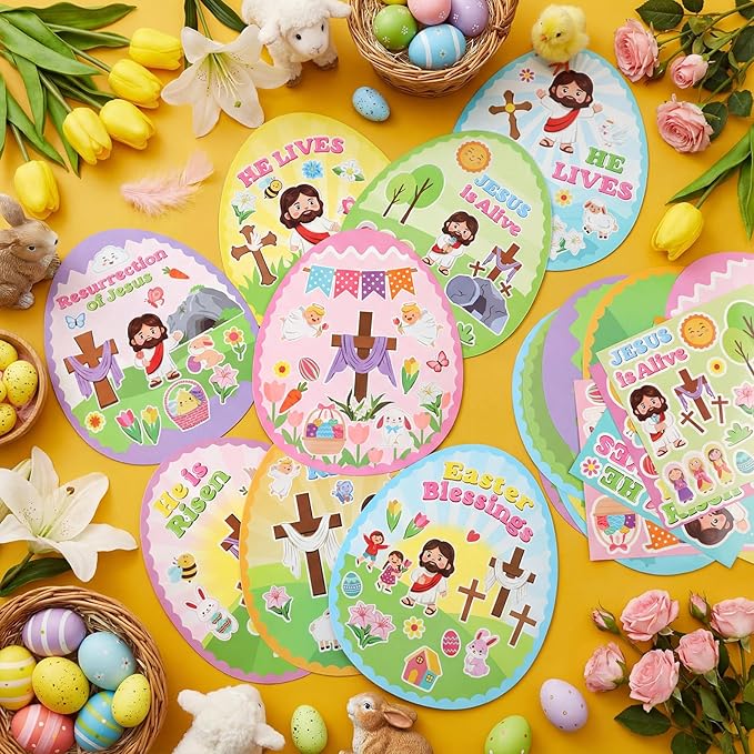 Frienda 48 Sets Easter Religious Crafts for Kids Make an Easter He is Risen Egg Sticker Scenes Resurrection Crafts Stickers for Christian Bible Sunday School Party Favors