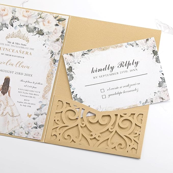 50PCS Gold Wedding Invitation, Bridal Shower Invitations Blank Personalized Wedding Rsvp Cards with Envelopes and Sticker, Pearl Paper Inserts Laser Cut Pocket for Festival Anniversary Housewarming