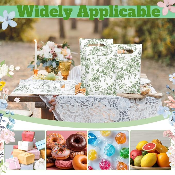 Supervitae 100 Pcs Plastic Green Gift Bags Flower Party Favor Bags Bulk with Handles for Birthdays Weddings Bridal Baby Showers Snacks Goodie Candy Treat Tea Party Supplies