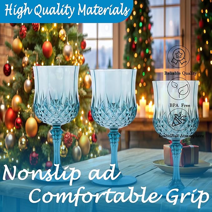 Plastic Wine Glasses, Plastic Goblets Vintage Style Cordial Unbreakable Drinking Glasses, Reusable Drinkware for Wedding Reception, Grand Event Party Supplies, Easter (24, Dusty Blue)