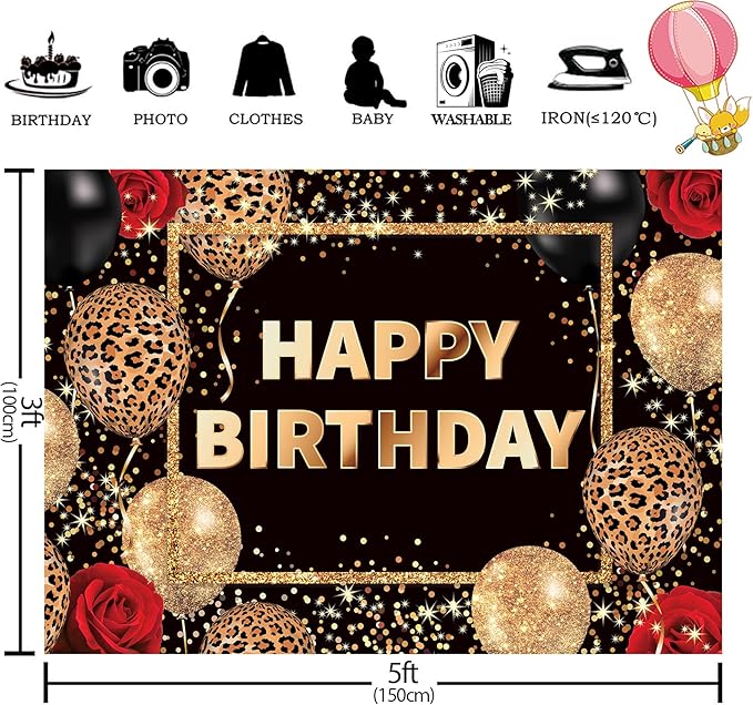 Homewelle Leopard Print Happy Birthday Backdrop 5Wx3H Feet Polyester Fabric Black Gold Red Cheetah Print Banner for Woman Girls Decoration Balloon Rose Cool Photography Background Photo Shoot Props
