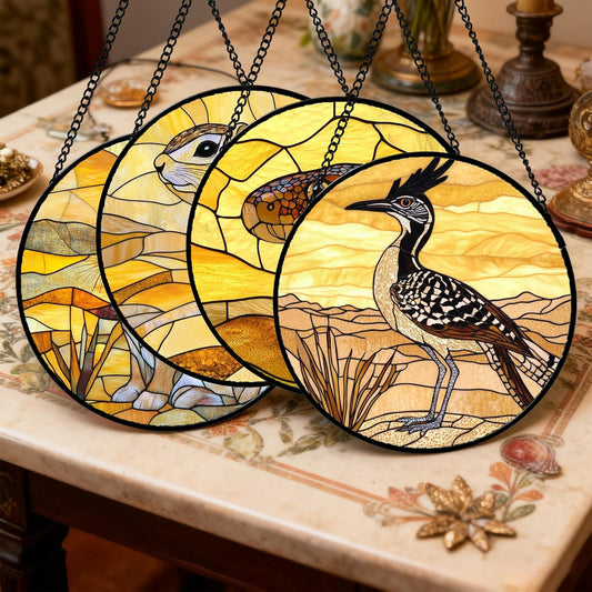Stained Glass Window Hanging 4 Pcs Set Animals 7.8" - Desert Landscape Yellow Suncatcher Door Garden Sun Catcher Decor Birthday Christmas for Mom Woman Nana Men