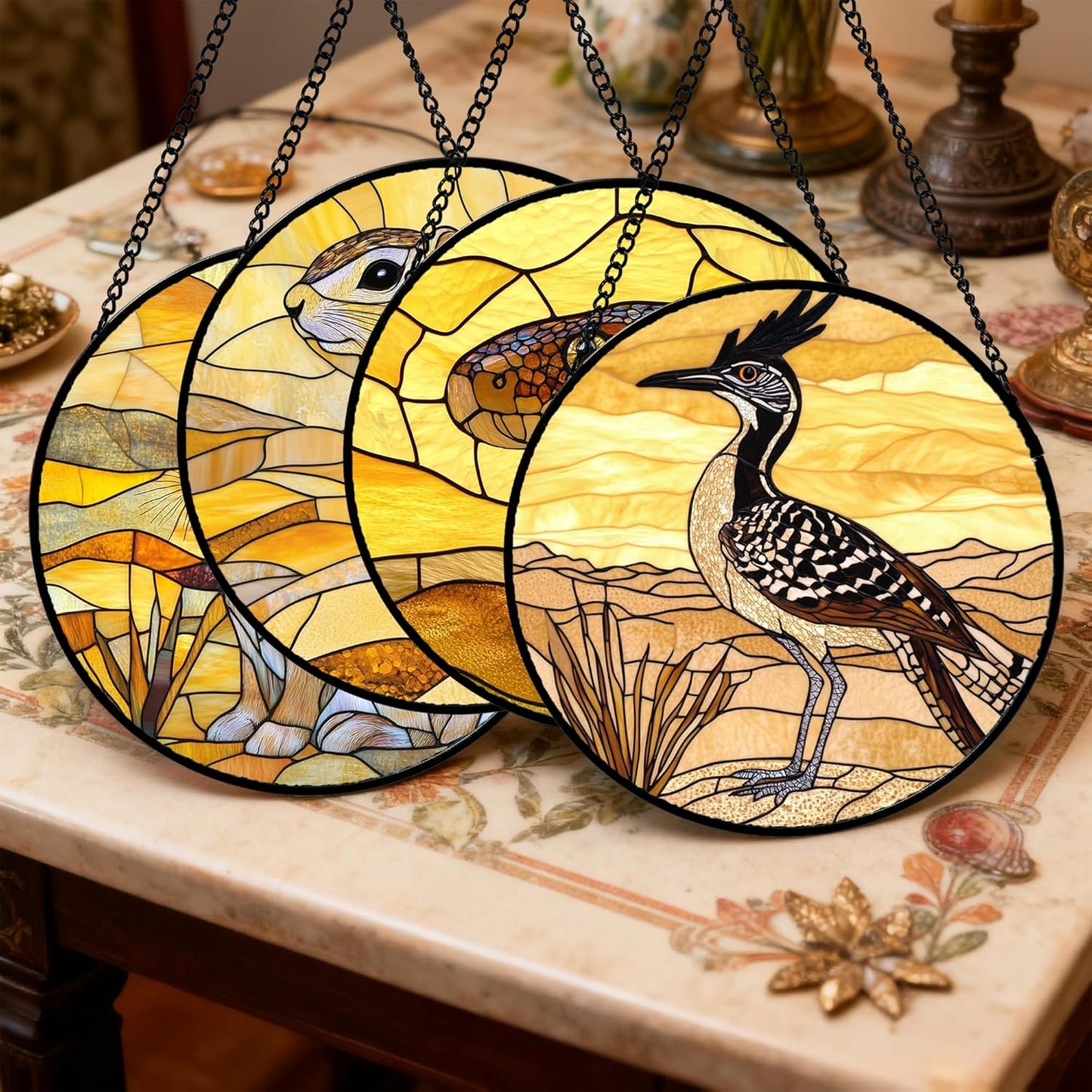 Stained Glass Window Hanging 4 Pcs Set Animals Large 11.8" - Desert Landscape Yellow Suncatcher Door Garden Sun Catcher Decor Birthday Christmas for Mom Woman Nana Men
