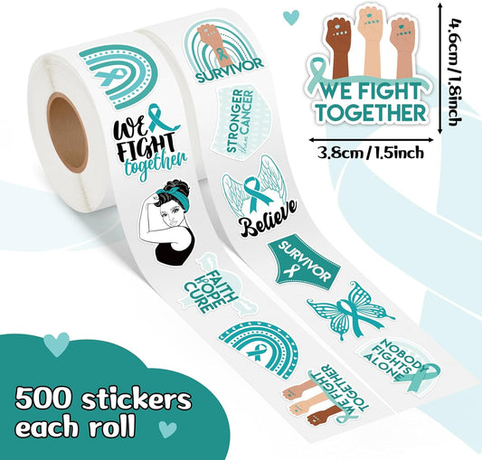 1000pcs Ovarian Cancer Awareness Sticker Rolls (2 Rolls), Teal Ribbon Shaped Sexual Assault Awareness Survivor Stickers Decorative Decals, Self-Adhesive Stickers for Scrapbooks Event Gifts