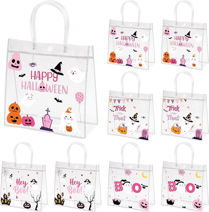 H1vojoxo Halloween Party Gift Bags - 24PCS Pink Halloween Clear PVC Gift Bags with Handle Trick or Treat Goodie Treat Tote Bag Reusable Hey Boo Pumpkin Tote Bag for Kid Pink Ghost Parties Favor Supply