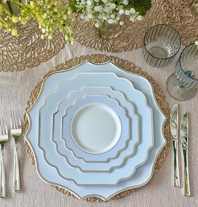 " OCCASIONS " 10 Pieces 13.25'' Scalloped Disposable/Reusable Plastic Charger Plates for Wedding, (Scalloped Imperial Blue & Silver)