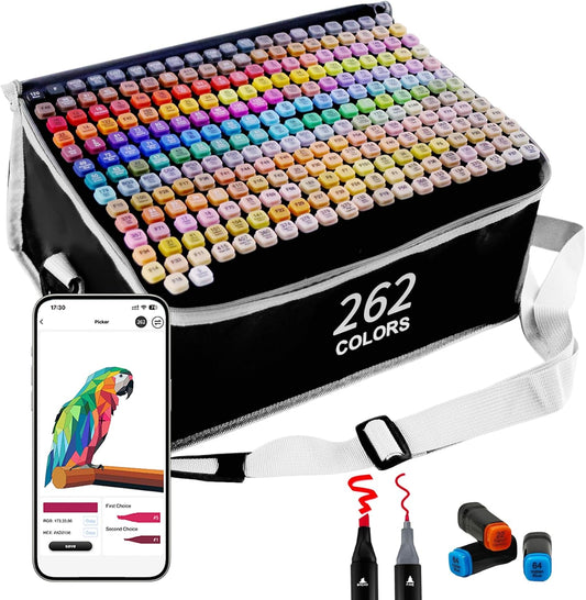 262 Colors Alcohol Markers with APP, Dual Tip Art Marker for Adults Coloring Books, Alcohol Ink Based Illustration Markers Set for Adult Artist Drawing Sketching Painting Lettering Cards