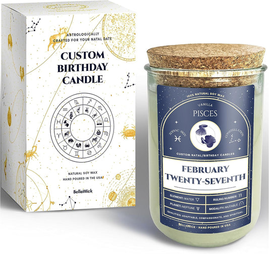 Birthday Candles - Custom Birthdate Astrological Zodiac Scented Candles. All Natural Soy Wax. 75+ Hour Burn Time. Made in USA - February 27