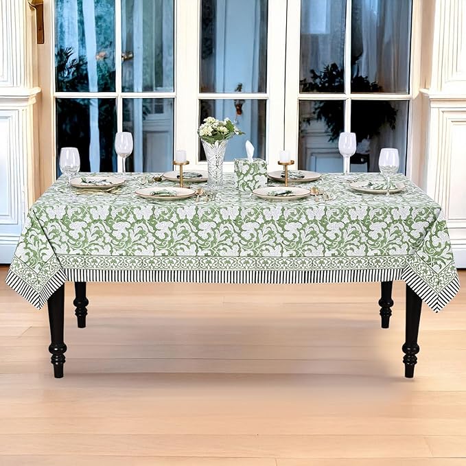 Ridhi Hand Block Print Sage Green Rectangle Cotton Tablecloth 118" x 70" Reusable Table Cover Decorative Everyday Use for Dining, Farmhouse, Home Gift for Spring, Easter, Valentine