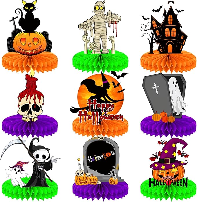 Halloween Table Decorations – 9Pcs Honeycomb Centerpieces for Table Featuring Pumpkin, Ghost, Cat, Castle, Tombstone,Spooky Decor for Kids Birthday and Halloween Party