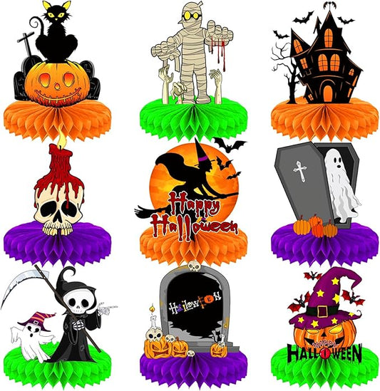 Halloween Table Decorations – 9Pcs Honeycomb Centerpieces for Table Featuring Pumpkin, Ghost, Cat, Castle, Tombstone,Spooky Decor for Kids Birthday and Halloween Party