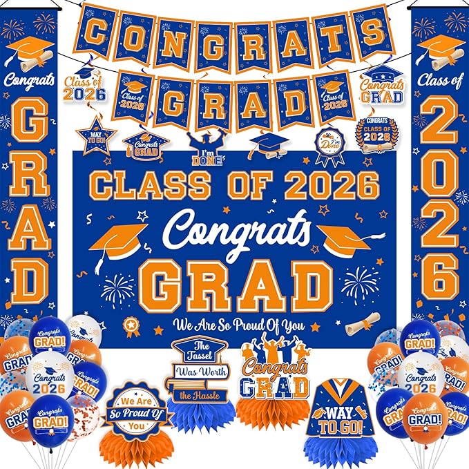 Graduation Decorations Class of 2026 Blue and Orange Graduation Party Decor Set include Congrats Grad Banner Backdrop Class of 2026 Balloons Party Supplies