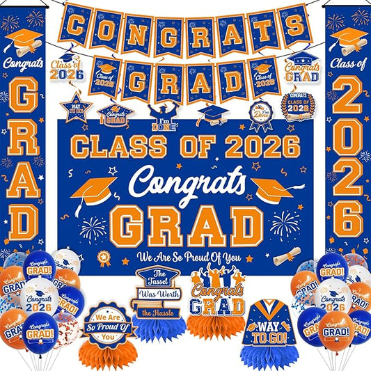 Graduation Decorations Class of 2026 Blue and Orange Graduation Party Decor Set include Congrats Grad Banner Backdrop Class of 2026 Balloons Party Supplies