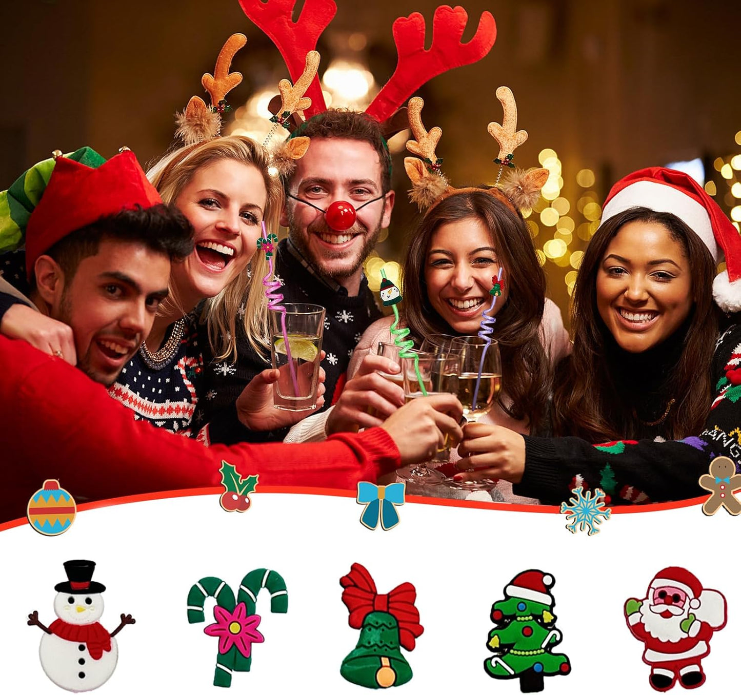 30 Pcs Christmas Drinking Straws Reusable with Cartoon Decorations, Xmas Theme Party Plastic Straw, Santa Claus Snowman Christmas Tree Straws for Kids Adults Christmas Party Supplies, 15 Styles