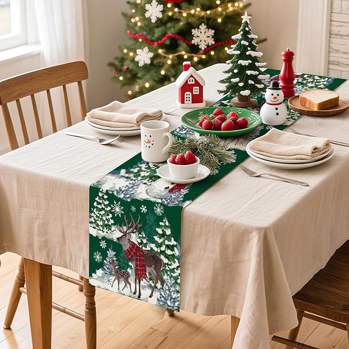 Artscope Reindeer Snowman Christmas Tree Table Runner, Xmas Winter Snowflakes Holiday Kitchen Dining Table Decoration for Christmas Home Party Decor 13x90 Inch-Green