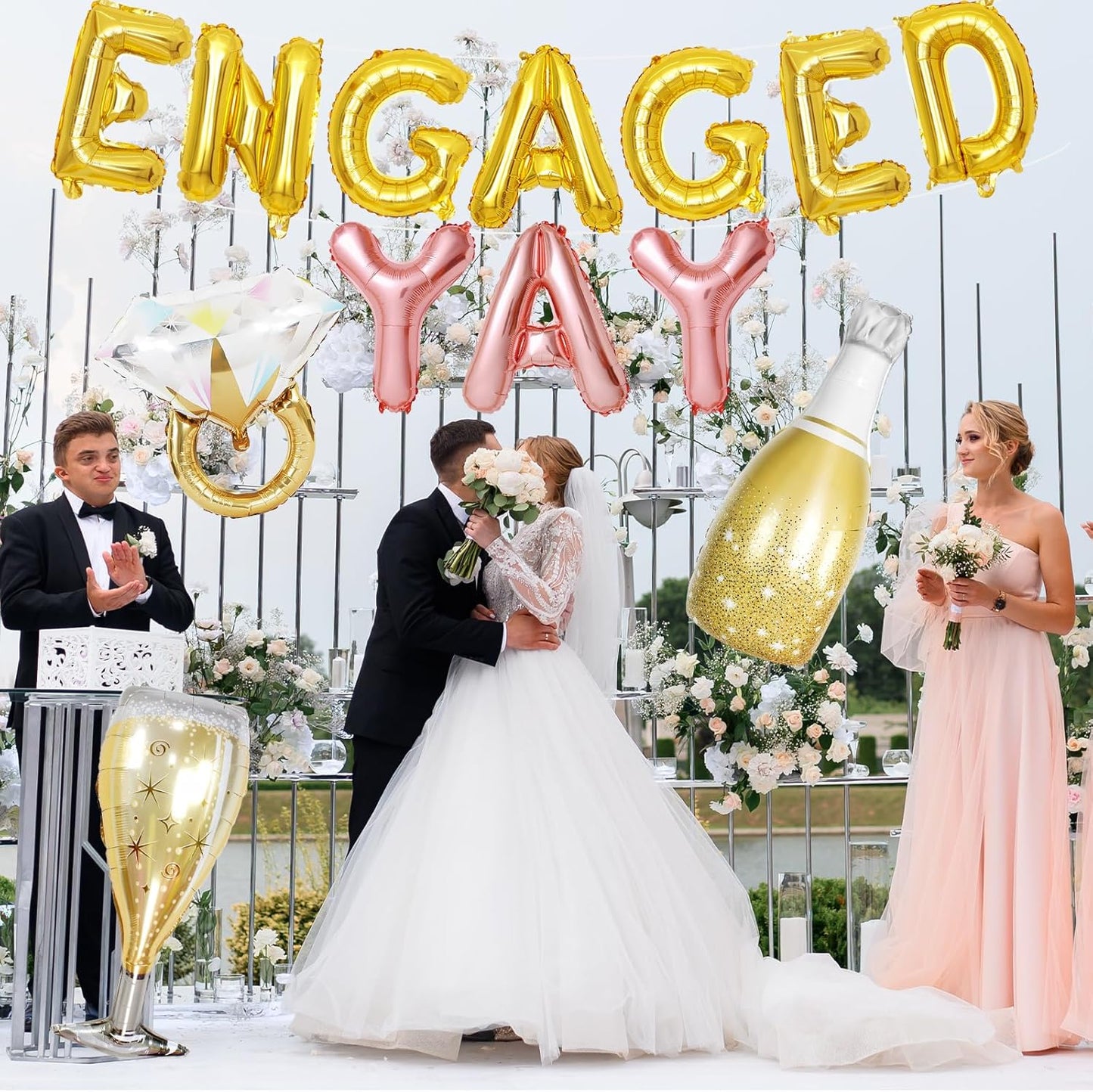 Gold Engagement Party Decorations, Engaged Yay Balloons Letters Banner, Diamond Ring White Champagne Bottle Balloon Glass Foil Balloon for Bachelorette Engagement Wedding Bridal Shower Party Supplies