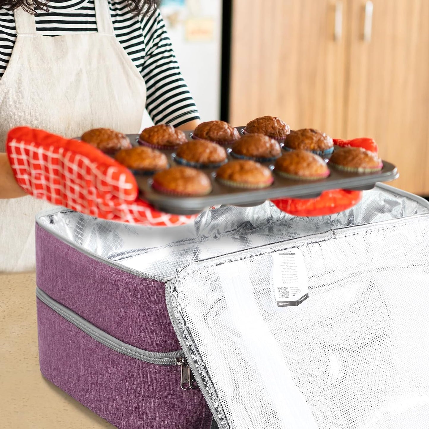 MIER Insulated Casserole Carrier Fits 9"x13" Baking Dishes/Foil Pans, Double Food Carriers Bag Thermal Holder for Hot or Cold Food Lasagna Lugger Potluck Parties Picnic Travel, Purple
