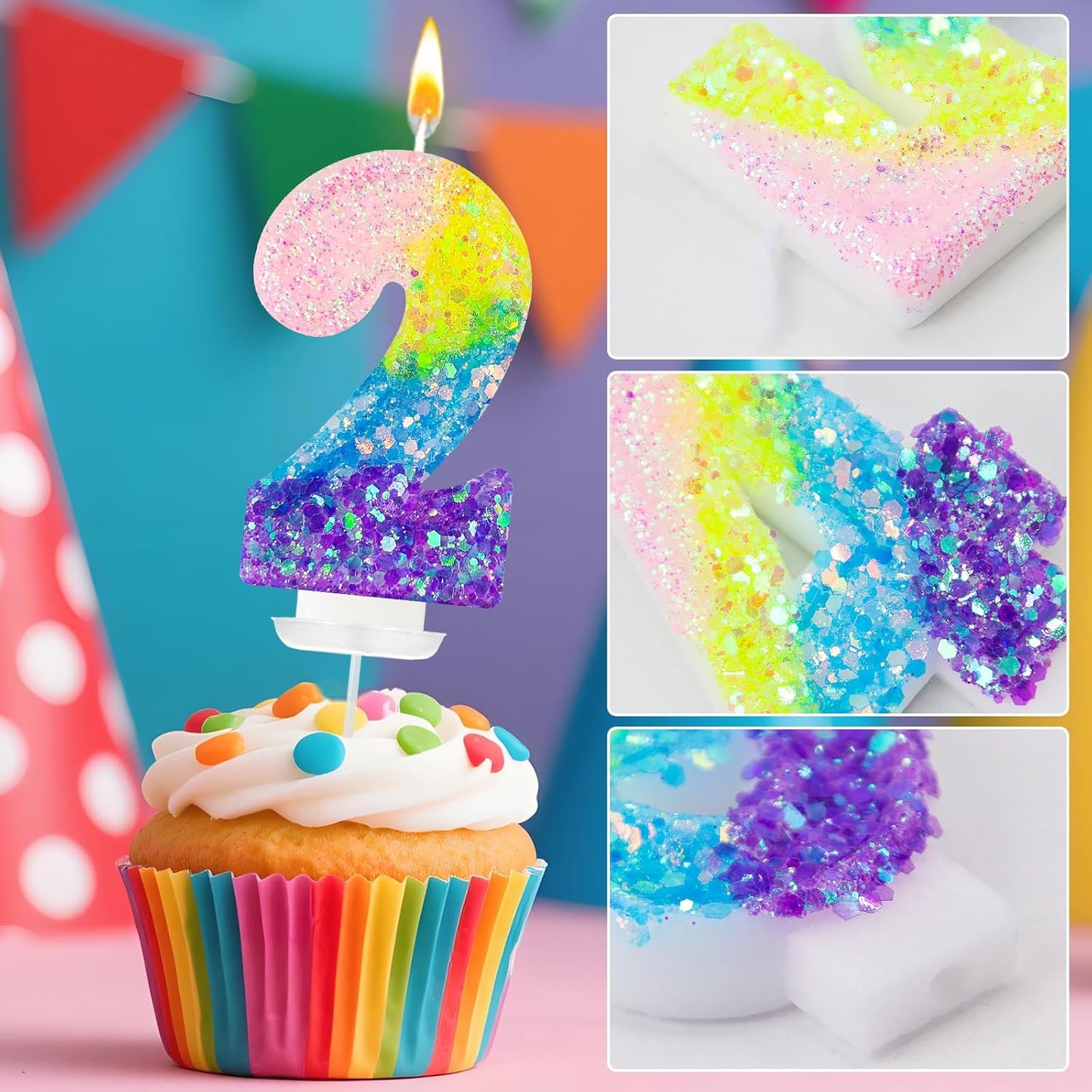 Birthday Candles Pastel Macaron Glitter 3D Rainbow Number Candles for Birthday Cake Girls Women Sweet Theme Birthday Wedding Anniversary Party Cake Decoration (Number 2)