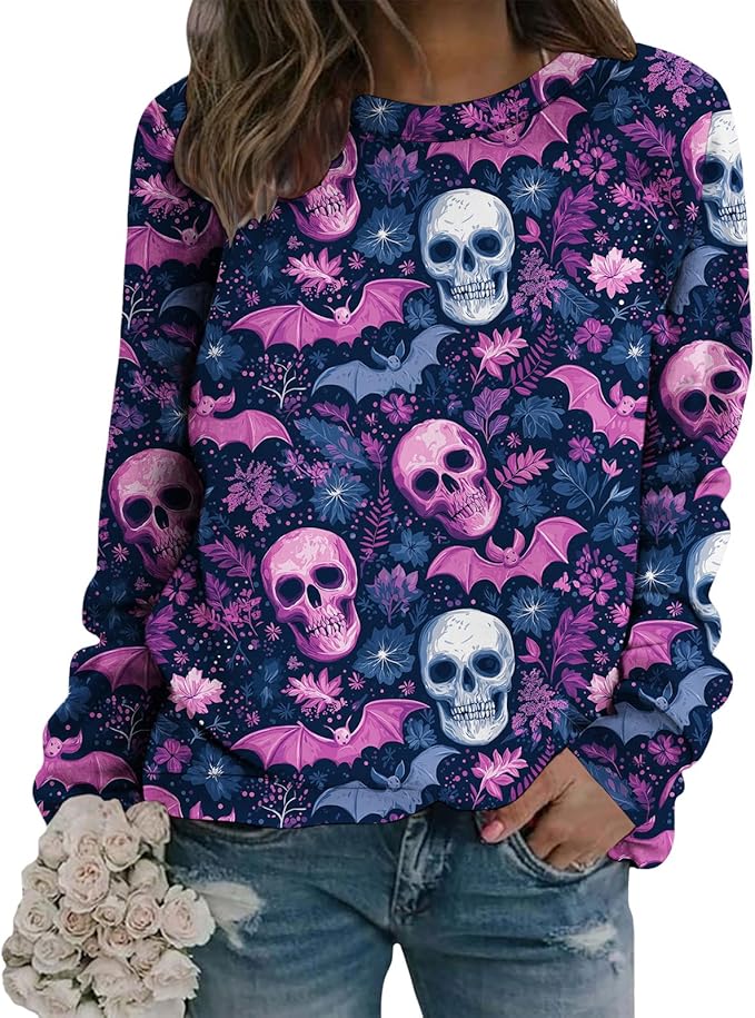 LIZALIG Pullover Cute Sweatshirt Orange Skeleton Fall Festive FunWomens Design Bat Holiday Party Outings Pumpkin Print